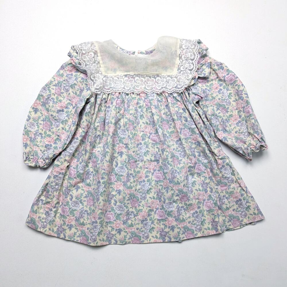 Vintage Jo Joe's Fashions Dress Girls Size 24m Yellow Floral Bib Collar